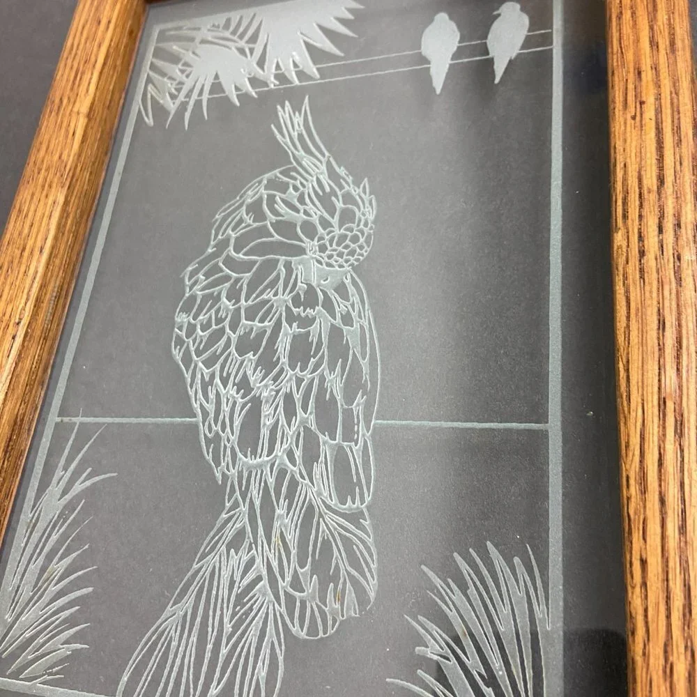 Vintage Stained Glass Window Panel  Wall decor Engraving Parrot
